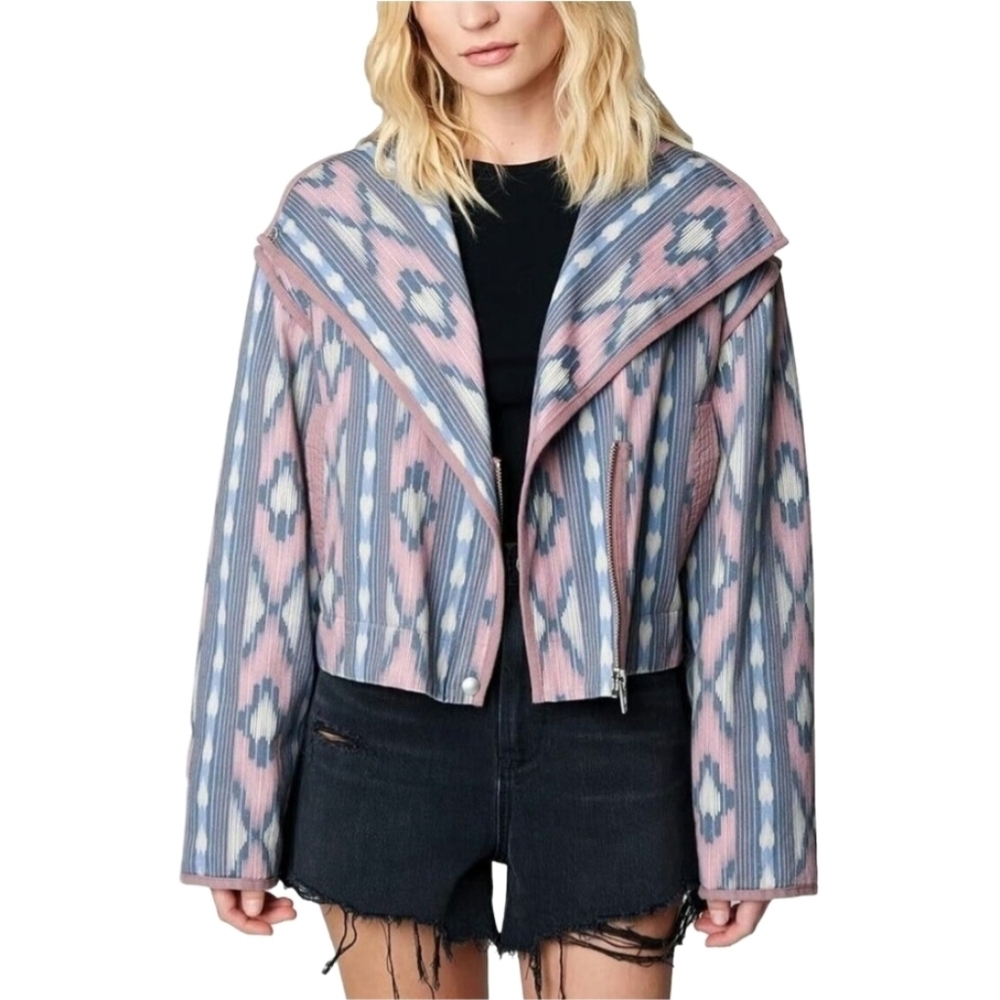 Blank NYC Women's Aztec Patterned Wide Collar Cropped Cotton Jacket S